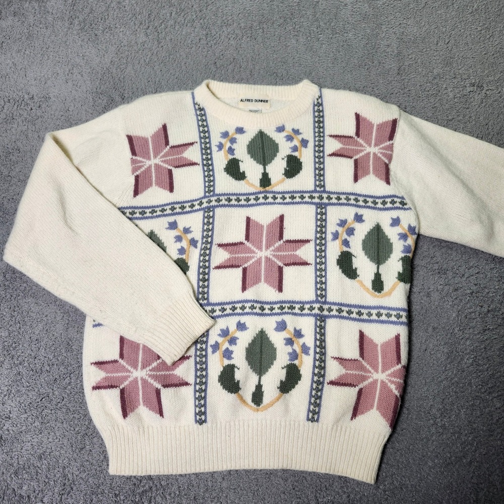 Alfred Dunner Womens M Sweater Ivory Rhapsody Floral Star Knit Crew Neck 78180